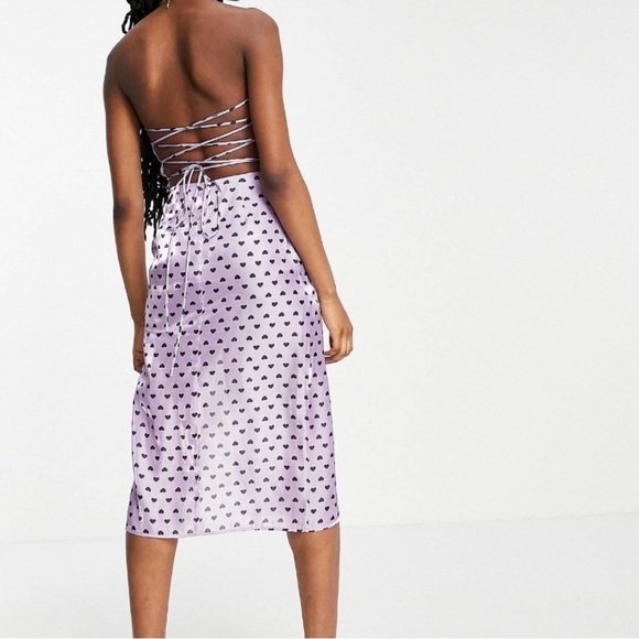 COLLECTIVE THE LABEL 💜 Open Back Strapless Satin Midi Heart Print Slip Dress - Picture 2 of 8